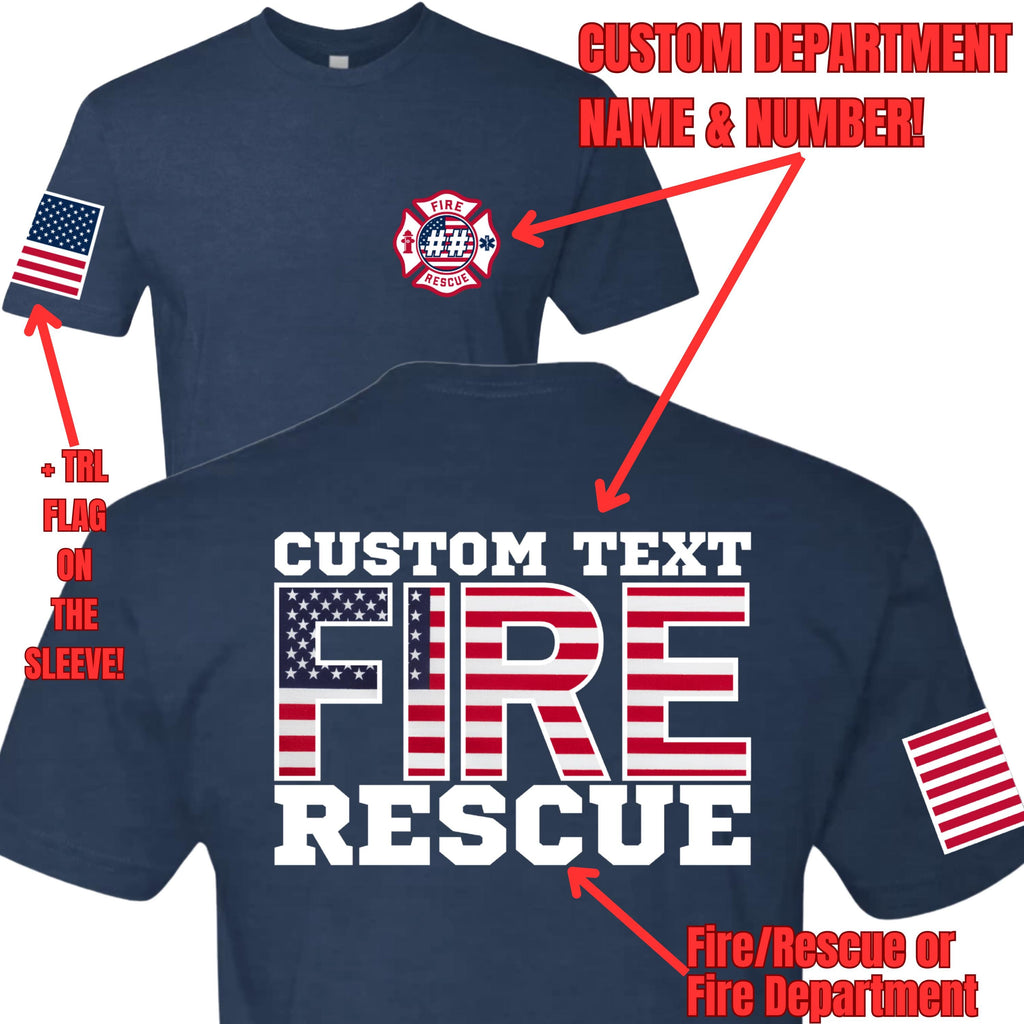 Custom Fire/Rescue Shirt - Blue with Flag Lettering