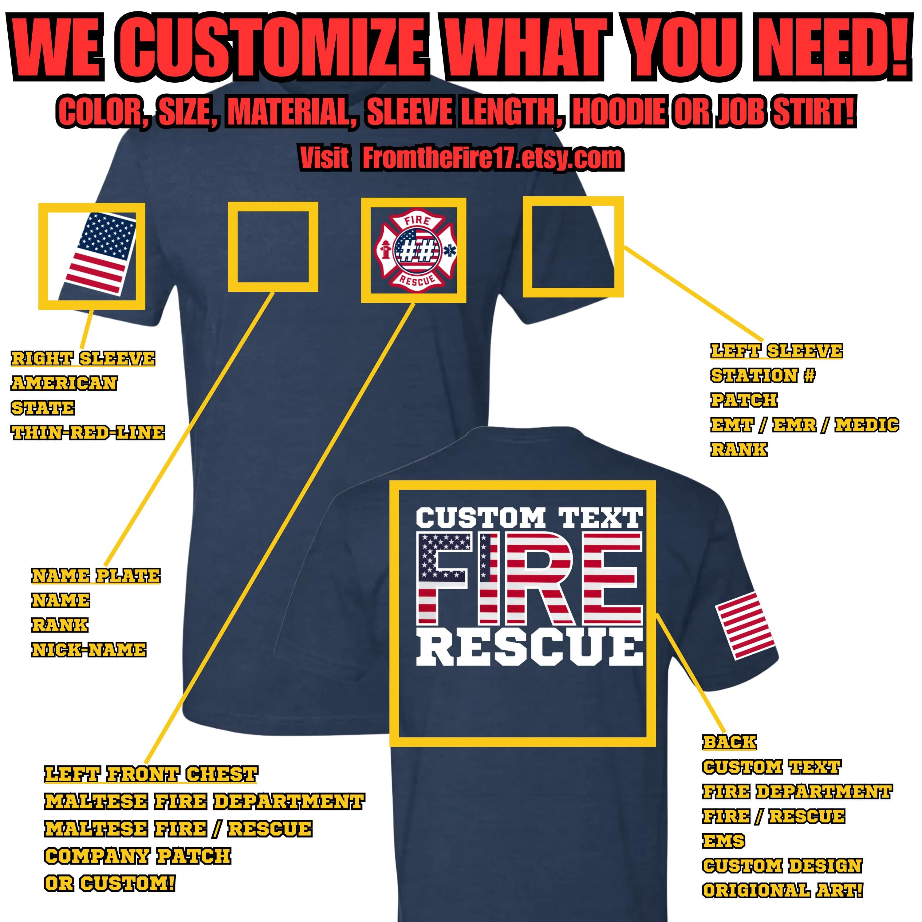 Custom Fire/Rescue Shirt - Blue with White and Red Lettering