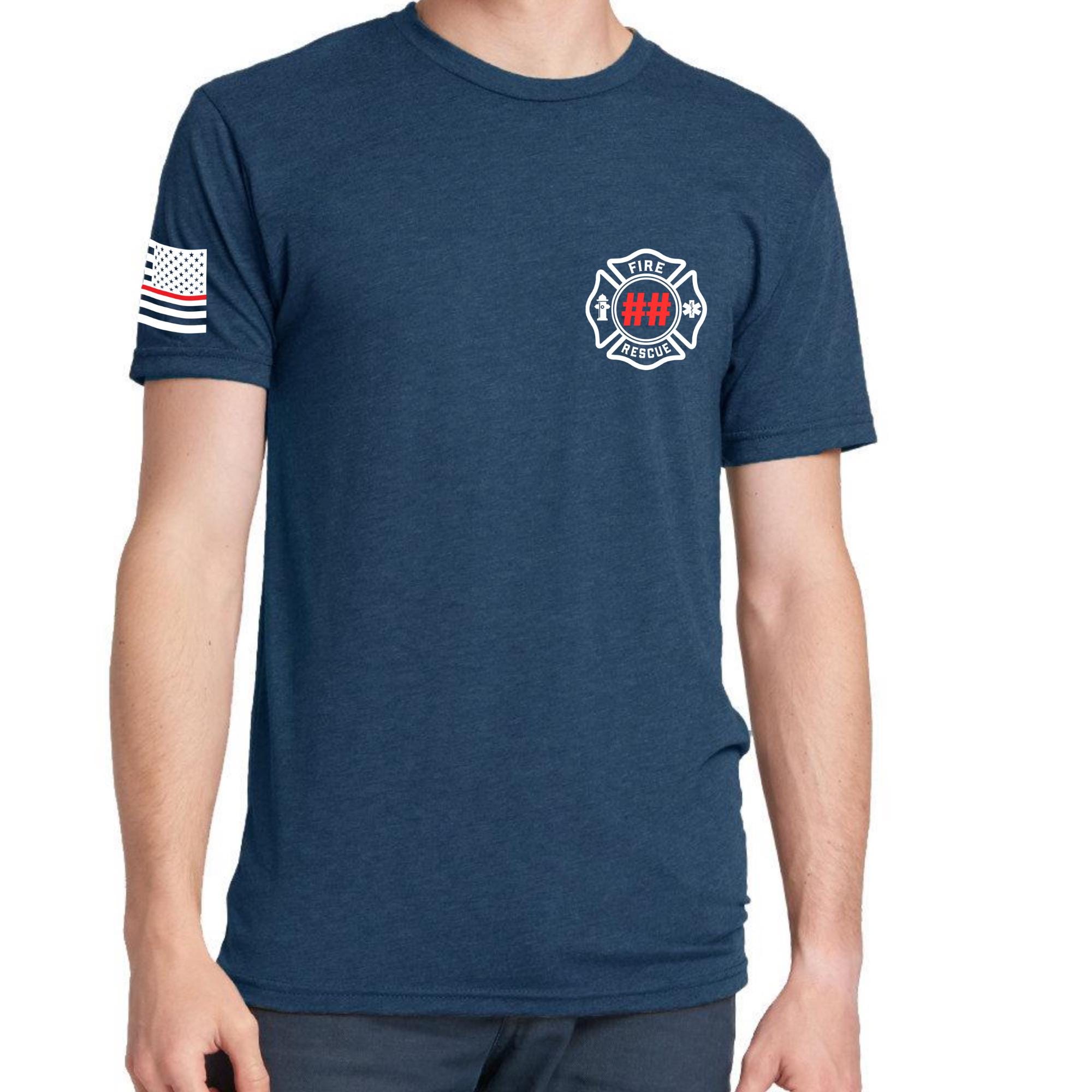 Custom Fire/Rescue Shirt - Blue with White and Red Lettering