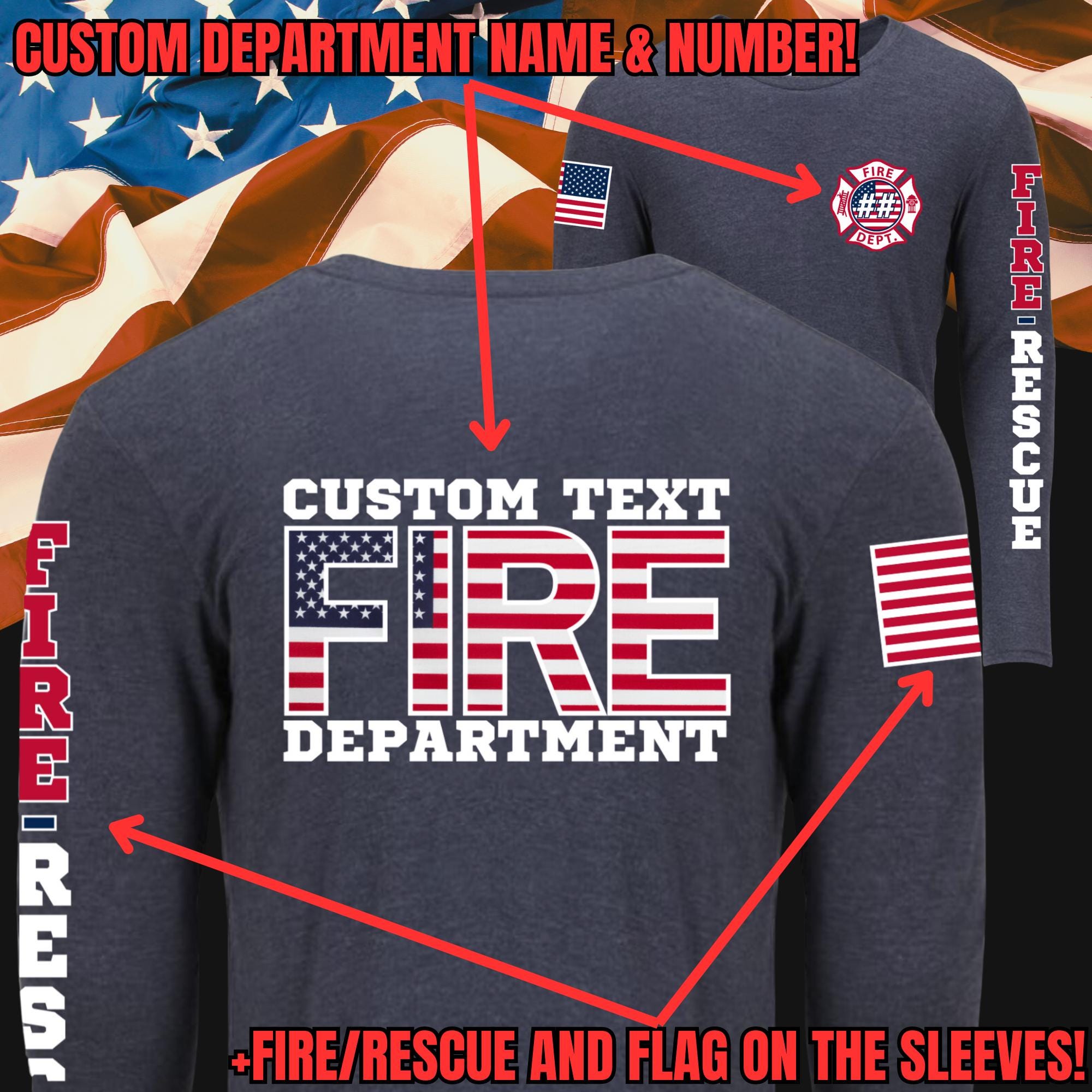 Custom Fire/Rescue Shirt - Blue with Flag Lettering and Sleeve Design