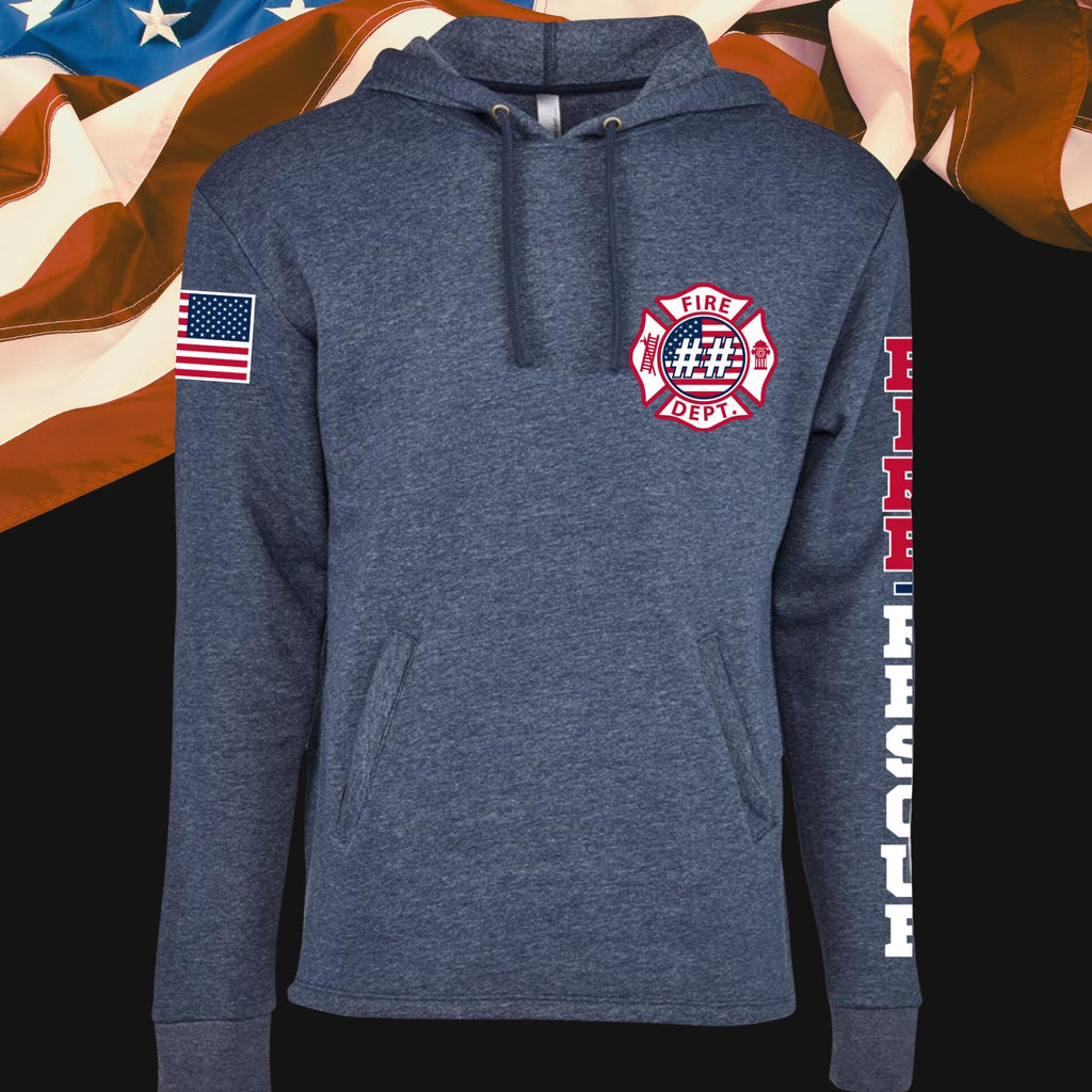 Custom Fire/Rescue Shirt - Blue with Flag Lettering and Sleeve Design
