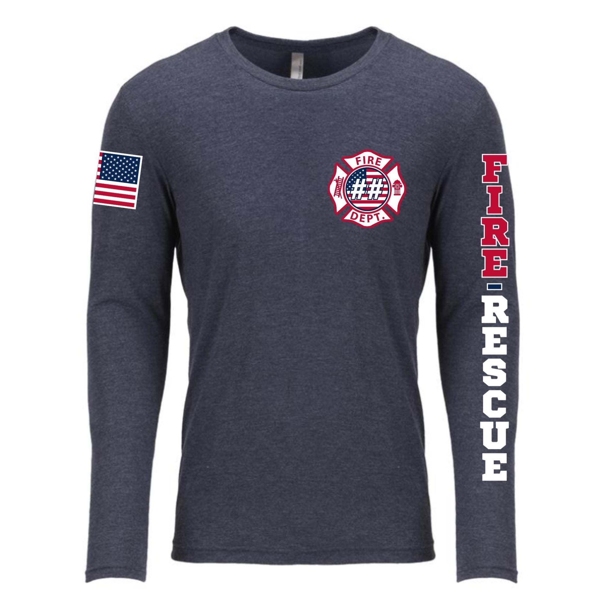 Custom Fire/Rescue Shirt - Blue with Flag Lettering and Sleeve Design