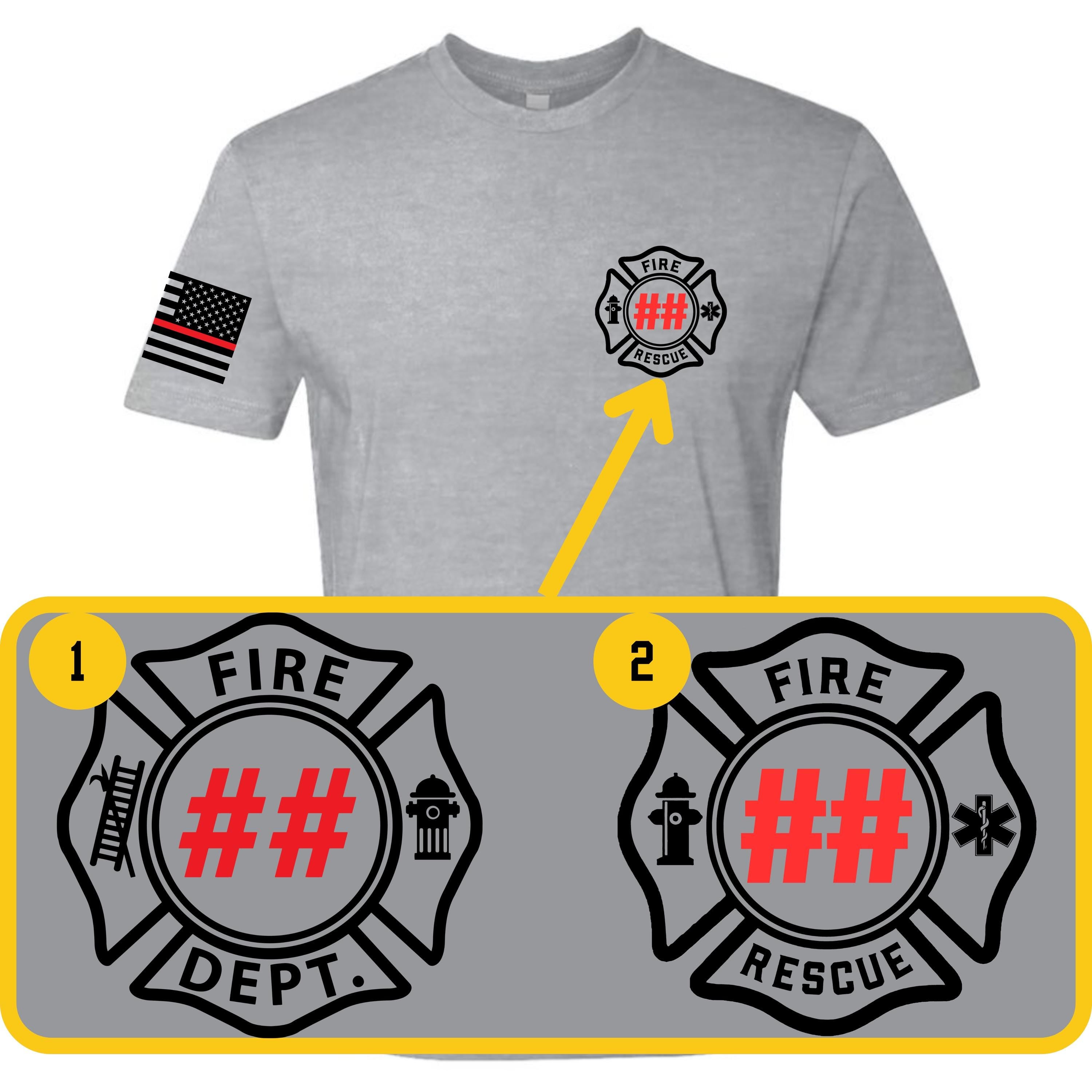 Custom Fire/Rescue Shirt - Grey with Black and Red Lettering